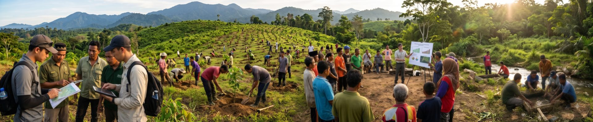 Komunitas menanam pohon di lanskap pegunungan